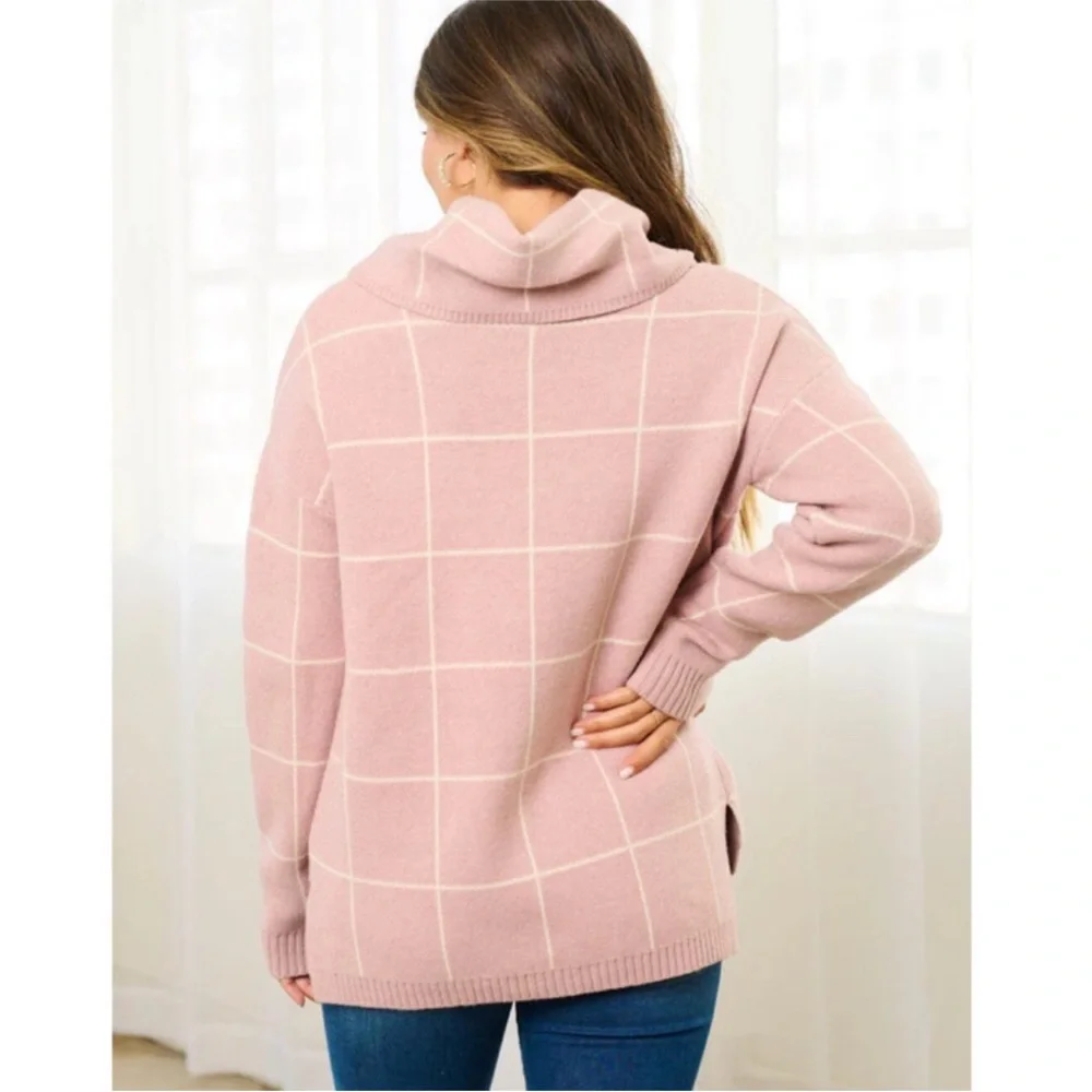 "The Anna" Oatmeal/Beige Window Pane Turtleneck Size Medium - Picture 11 of 12